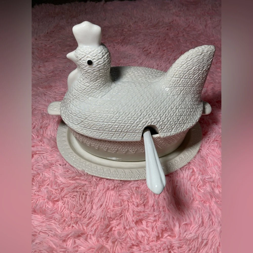 Whittier Pottery Chicken Large Soup Serving Tureen Platter Ladle Vintage Rare